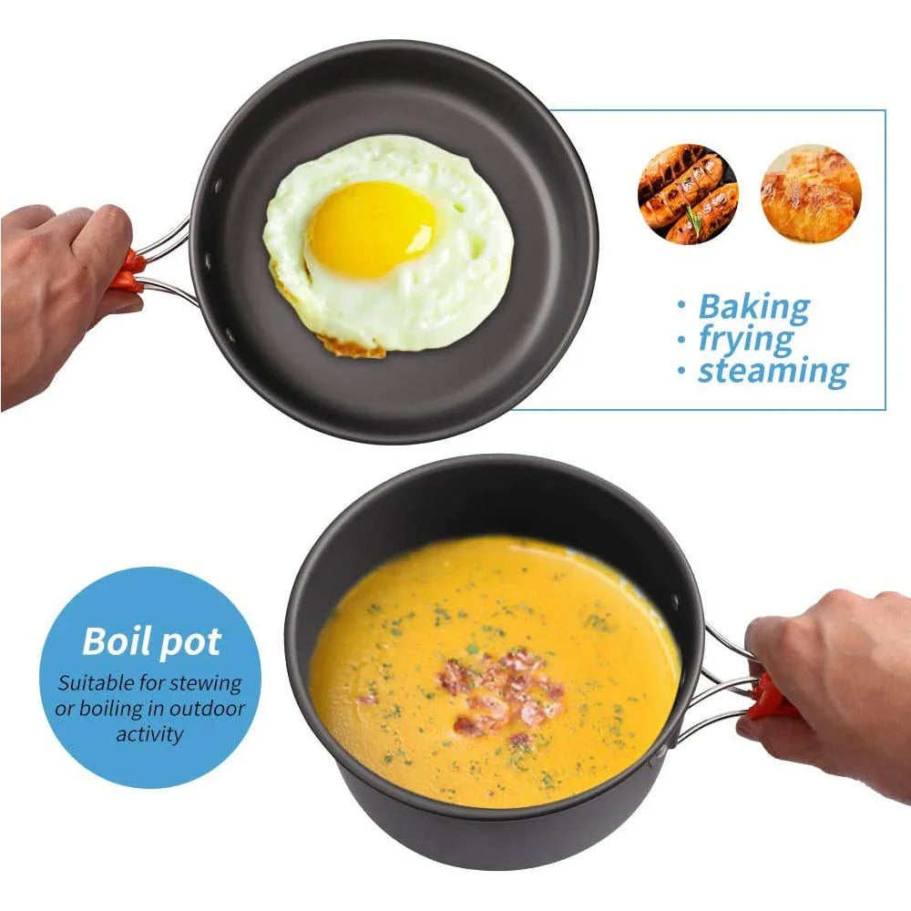 Camping Cookware Set with Teapot – Non-Stick Outdoor Cooking & Tableware Kit for 2–3 People | Travel Picnic & Hiking Kitchen Gear Ezkrea