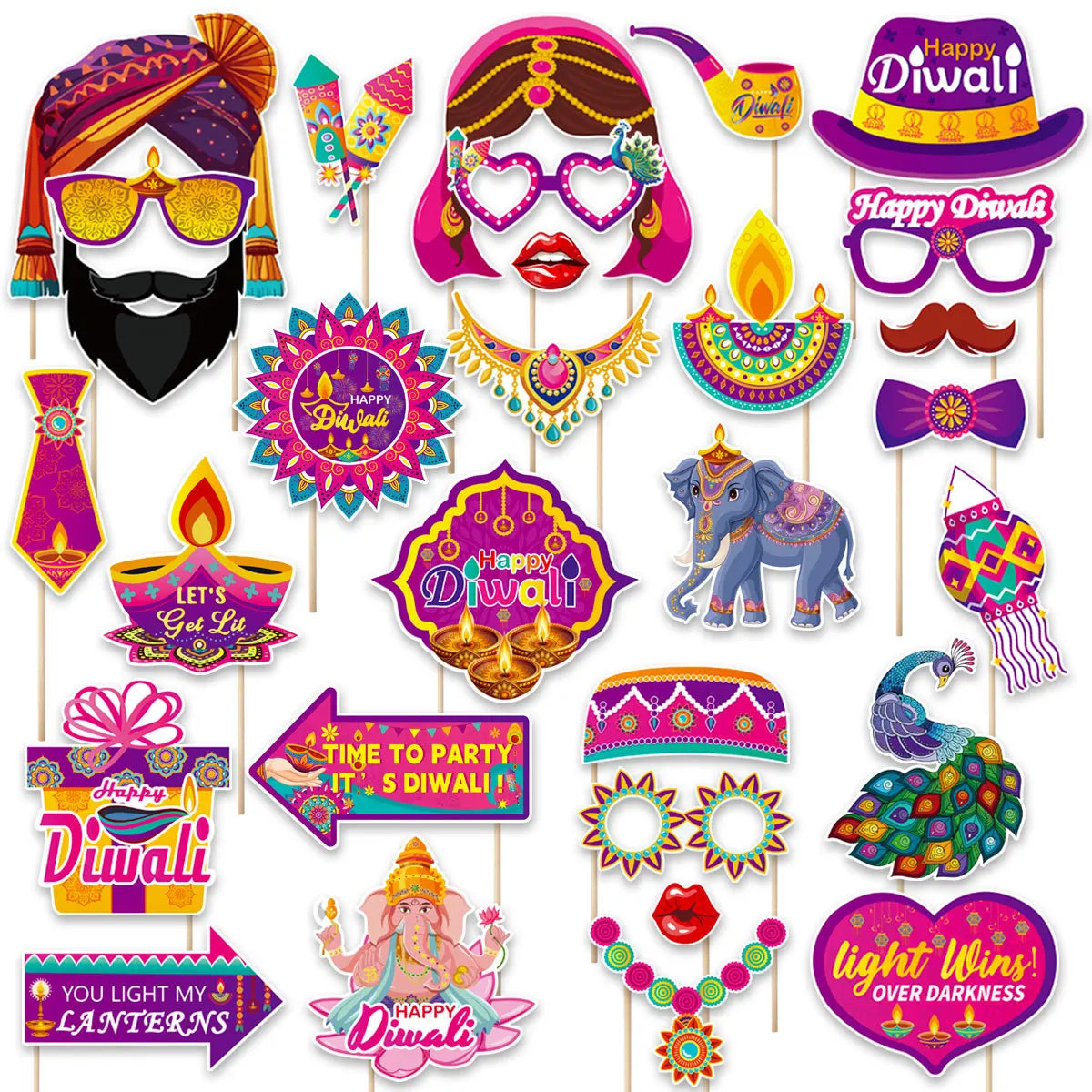 30Pcs/Set Happy Diwali Theme Photo Booth Props Candle Elephant Dress Up Paper Masks for India Diwali Festival Party Decoration Ezkrea