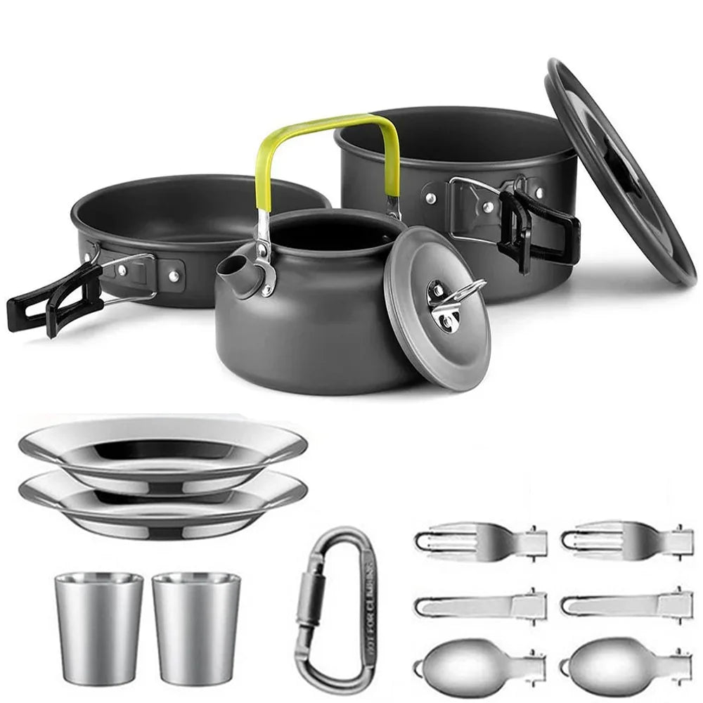 Camping Cookware Set with Teapot – Non-Stick Outdoor Cooking & Tableware Kit for 2–3 People | Travel Picnic & Hiking Kitchen Gear Ezkrea