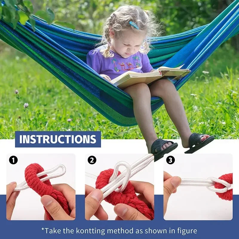 Outdoor Canvas Hammock – Heavy-Duty Swing Bed with Tree Ropes, 200kg Load Capacity for Camping, Garden, Patio, Backyard Ezkrea