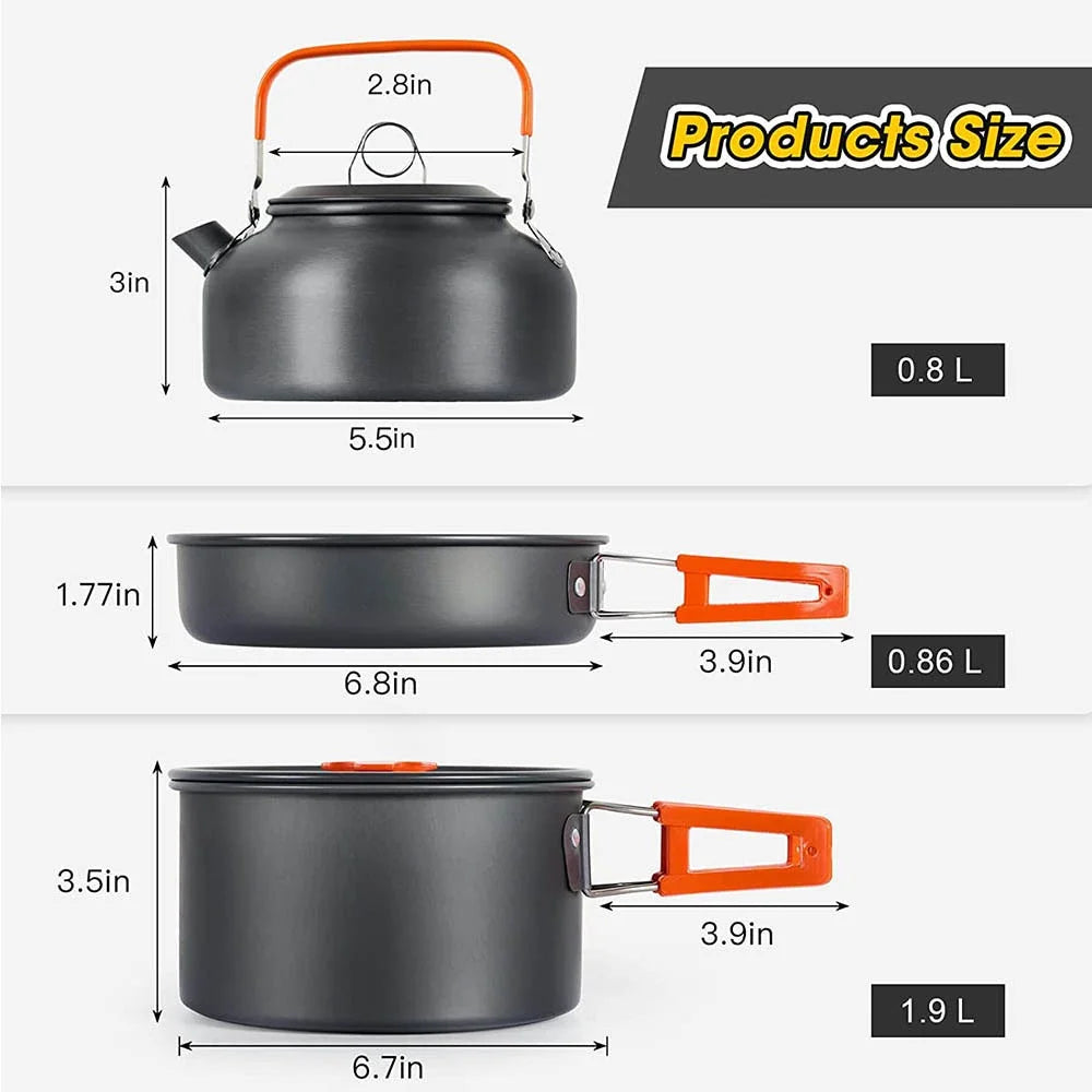 Camping Cookware Set with Teapot – Non-Stick Outdoor Cooking & Tableware Kit for 2–3 People | Travel Picnic & Hiking Kitchen Gear Ezkrea