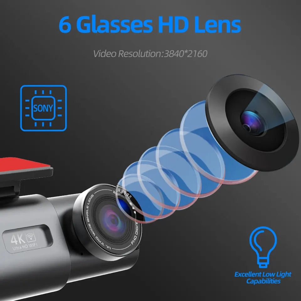 Dash Cam 4K UHD Recording Car Camera DVR Night Vision Video Recorder Built-In Wi-Fi Support GPS 24H Parking Ezkrea