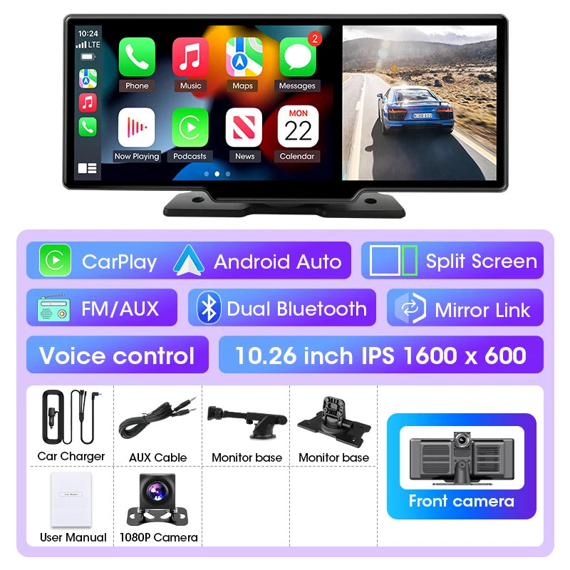 10/11.26 inch Dash Cam 4K Car DVR Wireless Carplay & Android Auto GPS Navigation Video Recorder Dashboard Dual Lens Wifi FM AUX Ezkrea