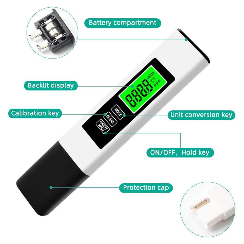 TDS Digital Meter4-in-1 Water Tester Pen – 0-9990 PPM, Backlit LCD, Temp Meter for Drinking Water, Pools, Aquariums & Hydroponics Ezkrea