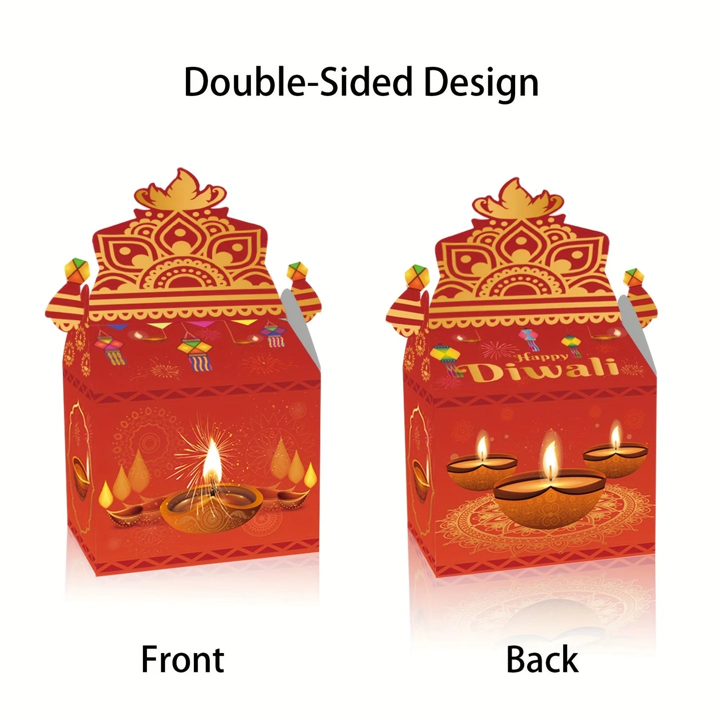 12pcs Happy Diwali Party Favors - Pre-Made Indian Festival Boxes with Diya Designs, Deep Red, Orange, Purple, Blue, Golden Ezkrea