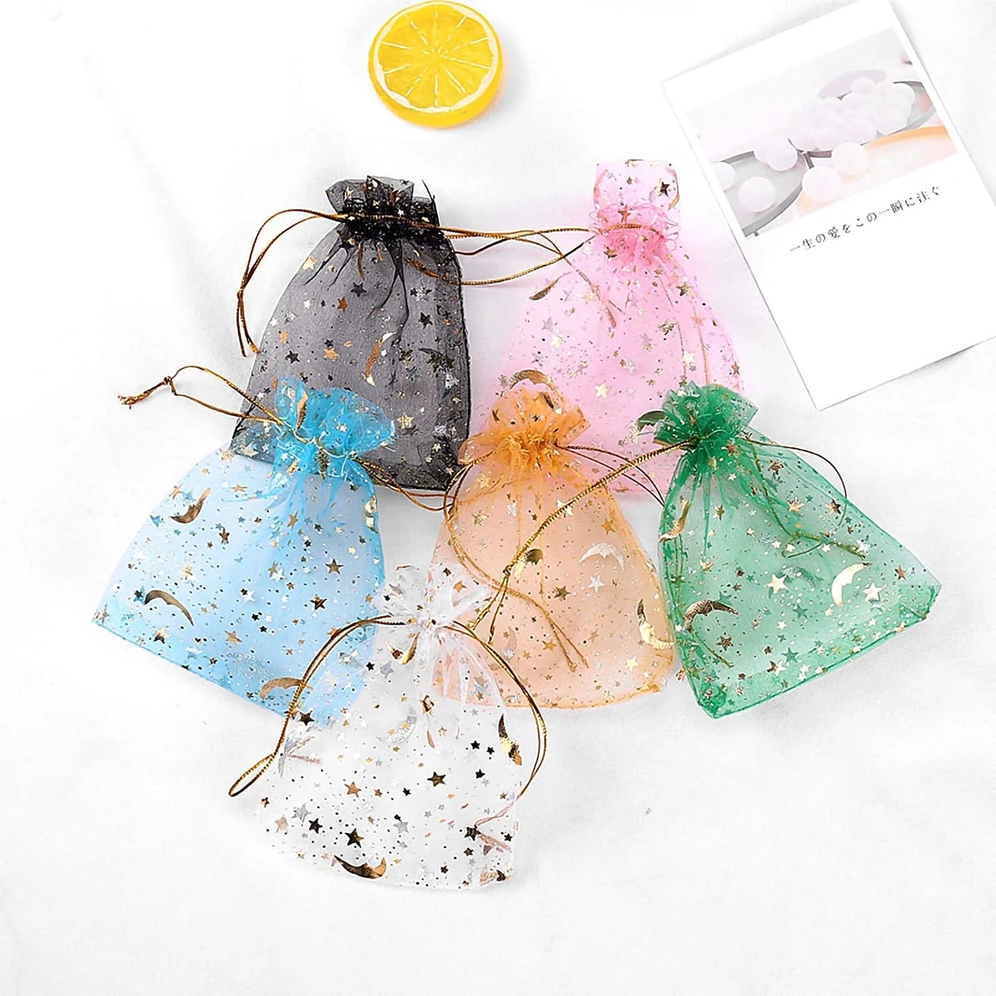 50PCS Moon Stars Drawstring Organza Bags Jewelry Gift Bags Pouches Gold Star Organza Favor Pouches for Christmas Wedding Ezkrea