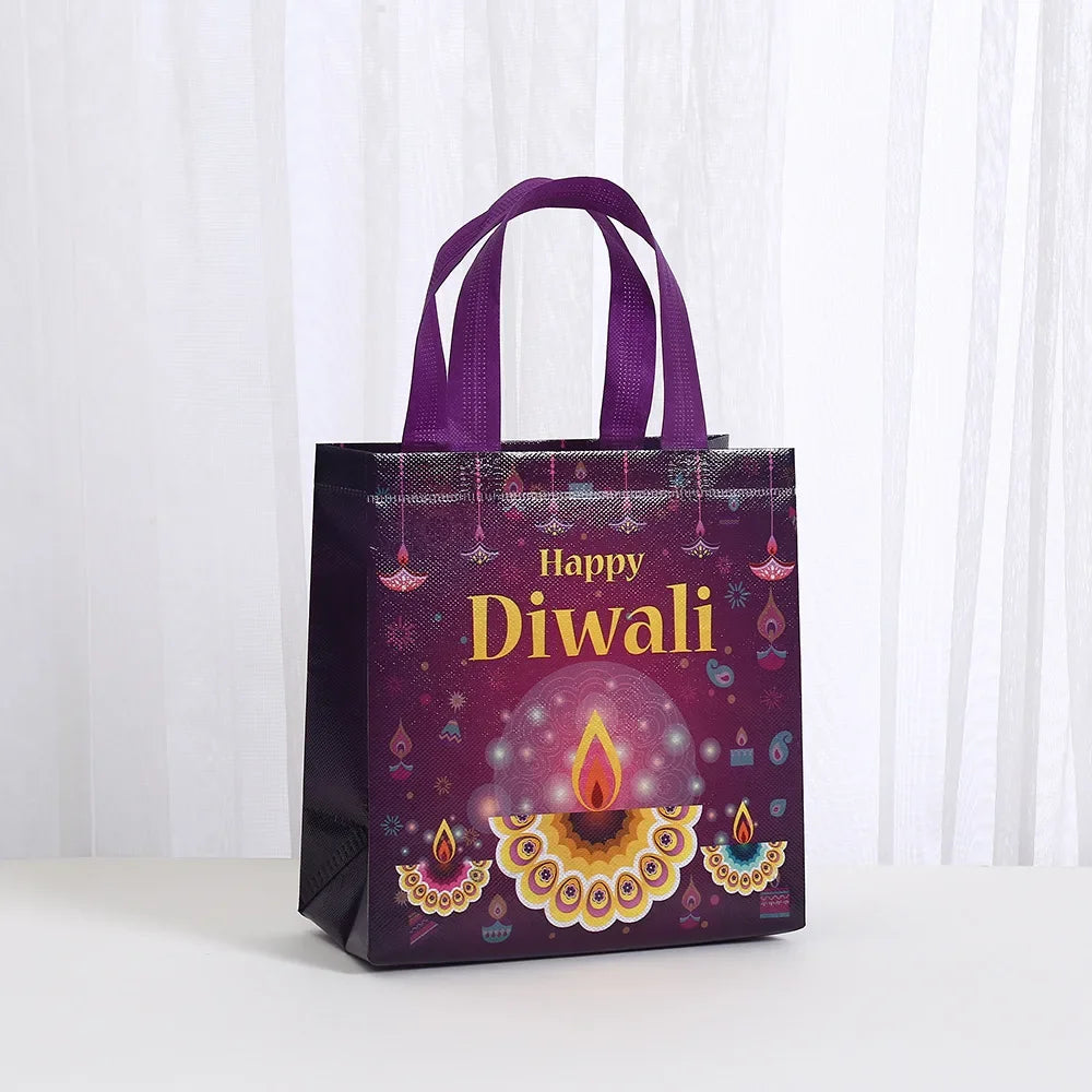 8Pcs Happy Diwali Theme Gift Packing Bag Non-Woven Shopping Tote Bag for India Diwali Festival Party Favors Bag Decoration Ezkrea