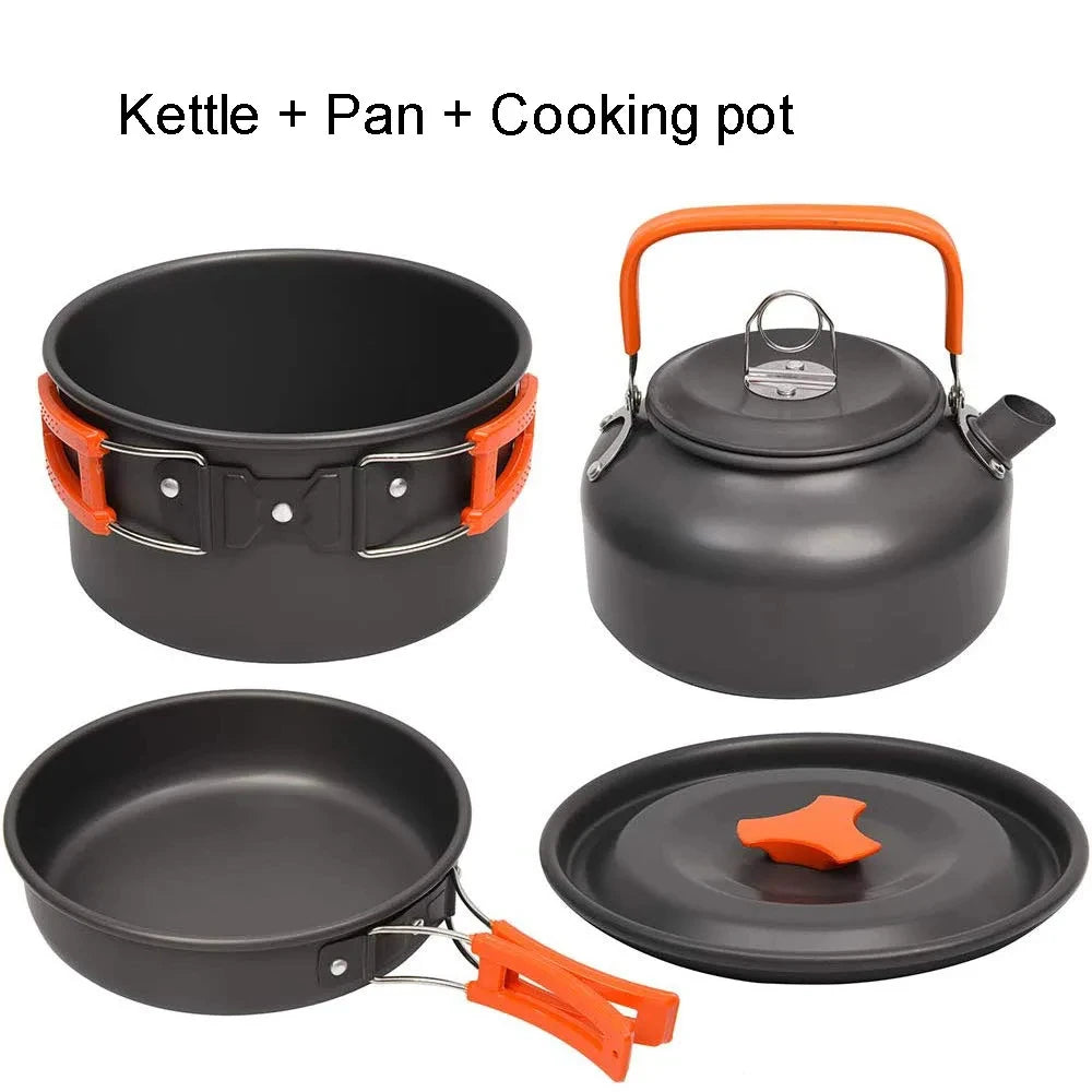 Camping Cookware Set with Teapot – Non-Stick Outdoor Cooking & Tableware Kit for 2–3 People | Travel Picnic & Hiking Kitchen Gear Ezkrea