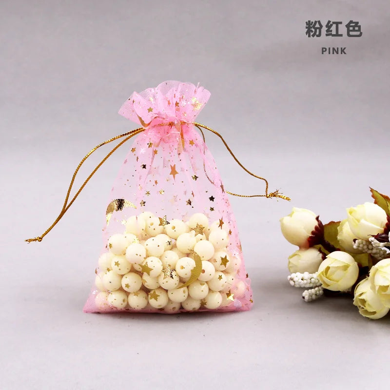 50PCS Moon Stars Drawstring Organza Bags Jewelry Gift Bags Pouches Gold Star Organza Favor Pouches for Christmas Wedding Ezkrea