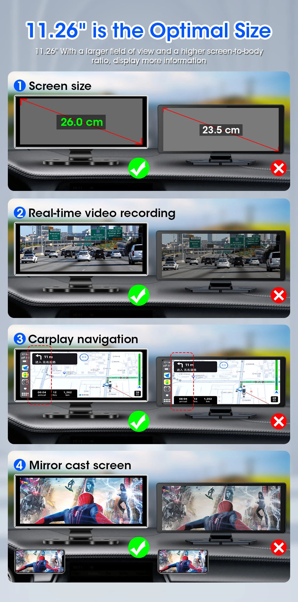 10/11.26 inch Dash Cam 4K Car DVR Wireless Carplay & Android Auto GPS Navigation Video Recorder Dashboard Dual Lens Wifi FM AUX Ezkrea