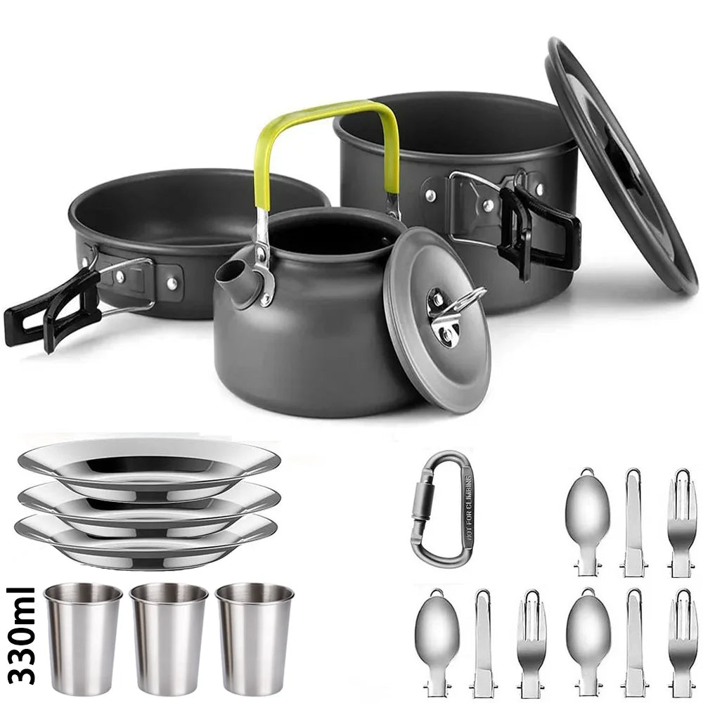 Camping Cookware Set with Teapot – Non-Stick Outdoor Cooking & Tableware Kit for 2–3 People | Travel Picnic & Hiking Kitchen Gear Ezkrea