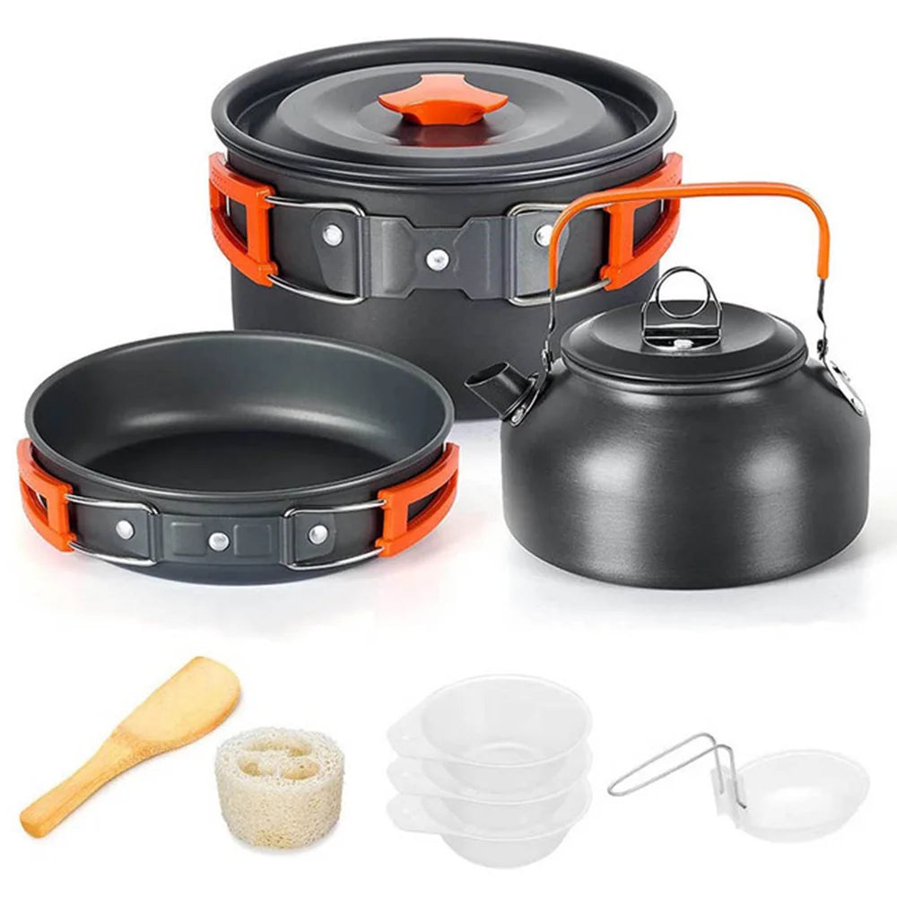 Camping Cookware Set with Teapot – Non-Stick Outdoor Cooking & Tableware Kit for 2–3 People | Travel Picnic & Hiking Kitchen Gear Ezkrea