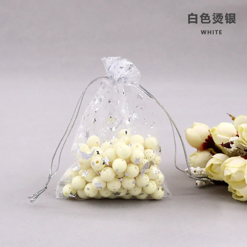 50PCS Moon Stars Drawstring Organza Bags Jewelry Gift Bags Pouches Gold Star Organza Favor Pouches for Christmas Wedding Ezkrea