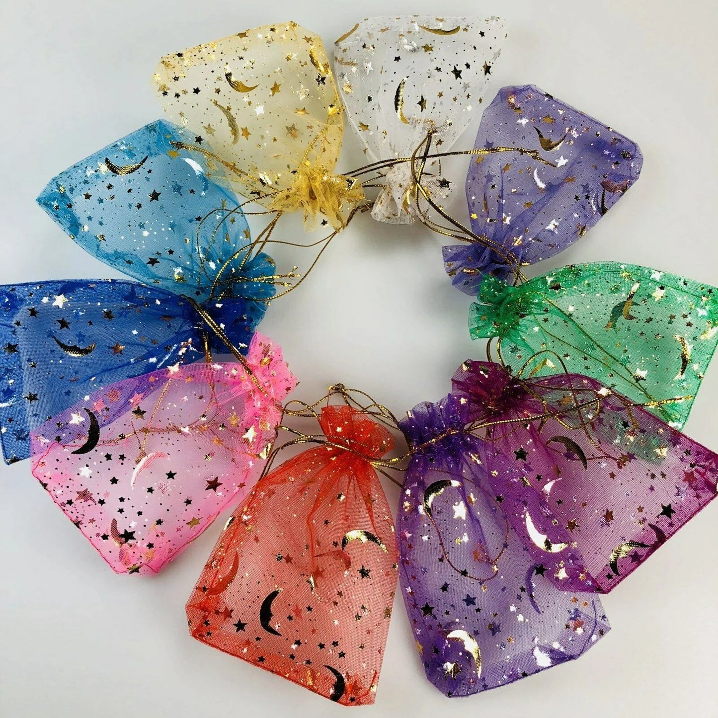 50PCS Moon Stars Drawstring Organza Bags Jewelry Gift Bags Pouches Gold Star Organza Favor Pouches for Christmas Wedding Ezkrea