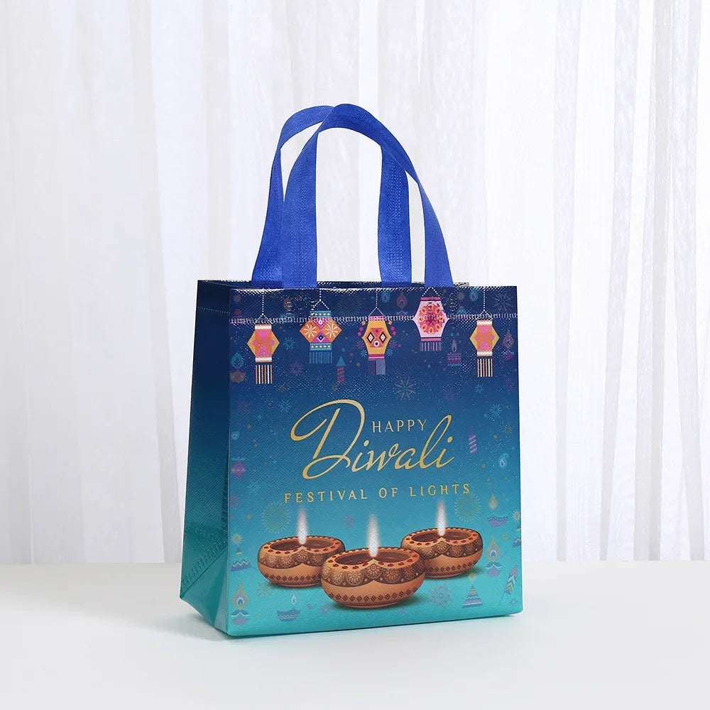 8Pcs Happy Diwali Theme Gift Packing Bag Non-Woven Shopping Tote Bag for India Diwali Festival Party Favors Bag Decoration Ezkrea