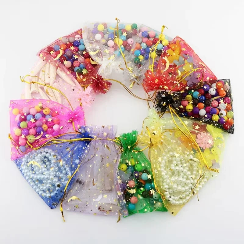 50PCS Moon Stars Drawstring Organza Bags Jewelry Gift Bags Pouches Gold Star Organza Favor Pouches for Christmas Wedding Ezkrea