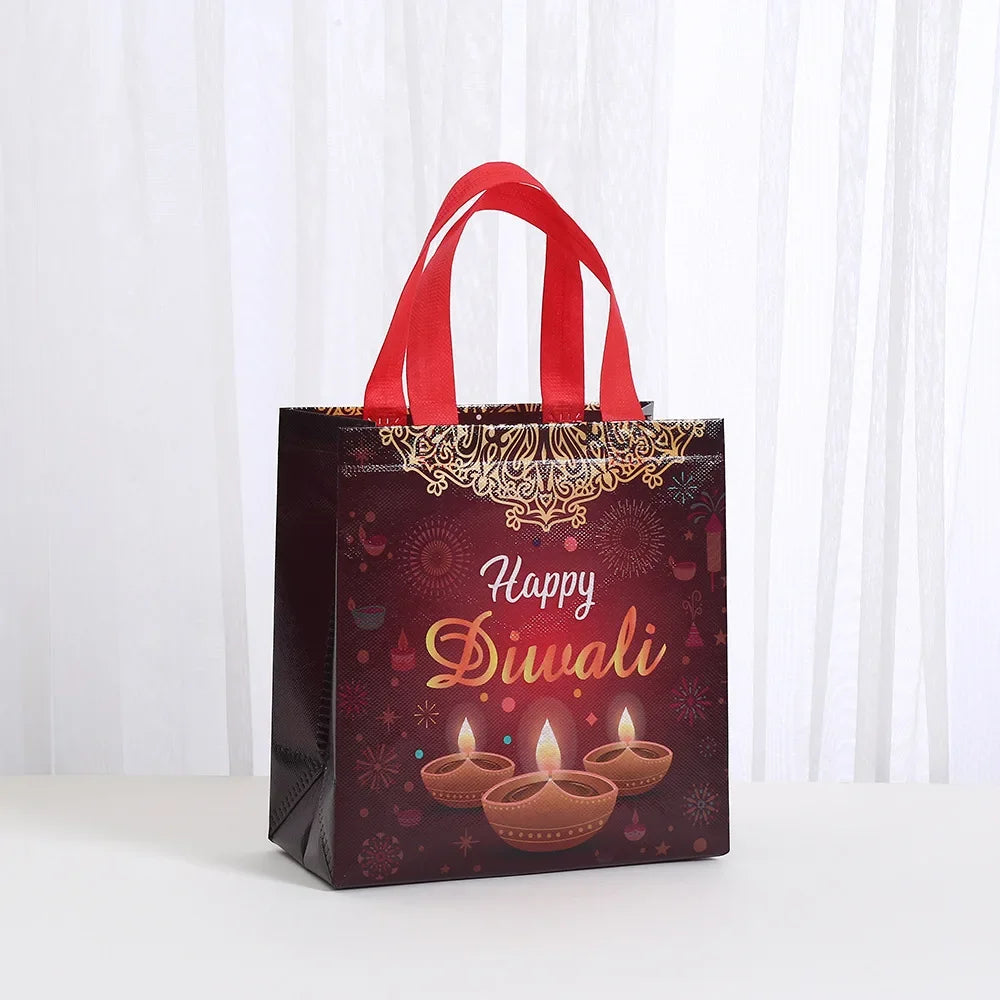 8Pcs Happy Diwali Theme Gift Packing Bag Non-Woven Shopping Tote Bag for India Diwali Festival Party Favors Bag Decoration Ezkrea