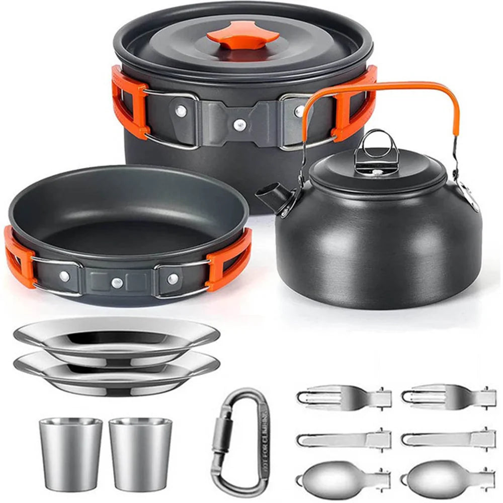 Camping Cookware Set with Teapot – Non-Stick Outdoor Cooking & Tableware Kit for 2–3 People | Travel Picnic & Hiking Kitchen Gear Ezkrea