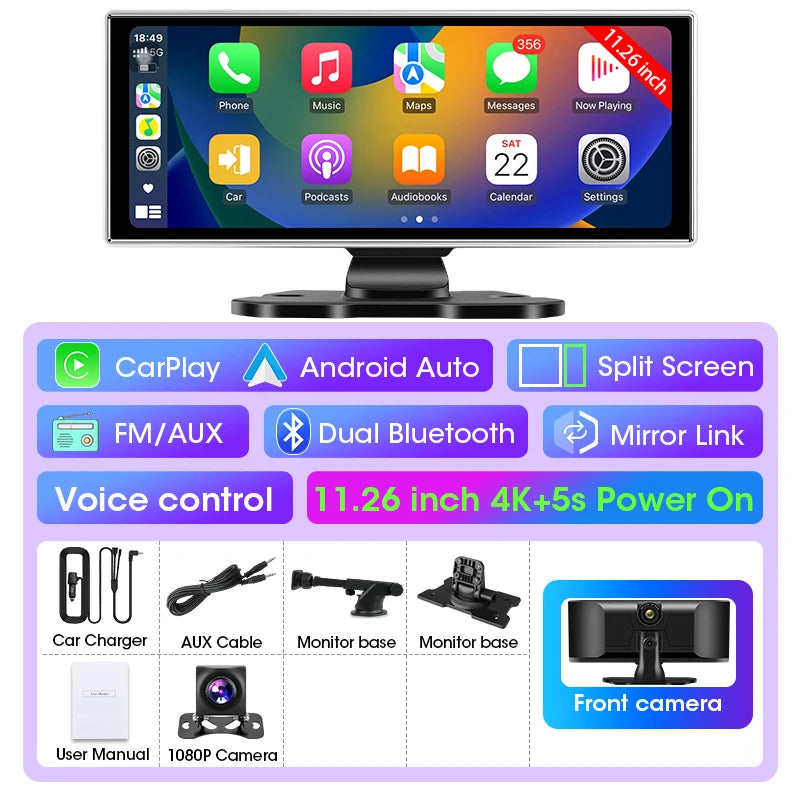 10/11.26 inch Dash Cam 4K Car DVR Wireless Carplay & Android Auto GPS Navigation Video Recorder Dashboard Dual Lens Wifi FM AUX Ezkrea