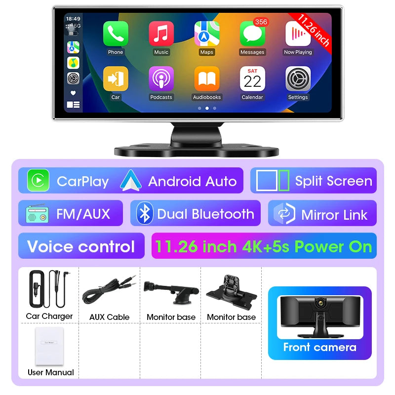 10/11.26 inch Dash Cam 4K Car DVR Wireless Carplay & Android Auto GPS Navigation Video Recorder Dashboard Dual Lens Wifi FM AUX Ezkrea