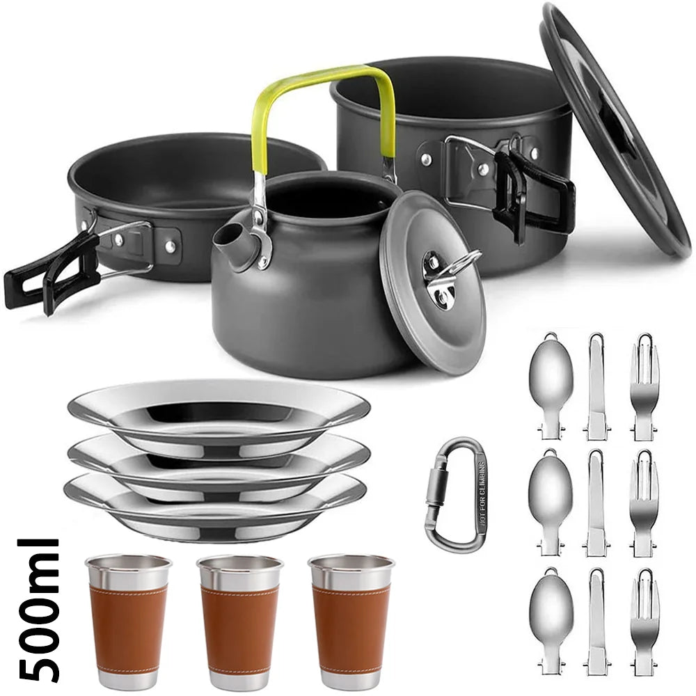 Camping Cookware Set with Teapot – Non-Stick Outdoor Cooking & Tableware Kit for 2–3 People | Travel Picnic & Hiking Kitchen Gear Ezkrea