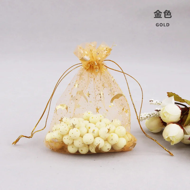 50PCS Moon Stars Drawstring Organza Bags Jewelry Gift Bags Pouches Gold Star Organza Favor Pouches for Christmas Wedding Ezkrea