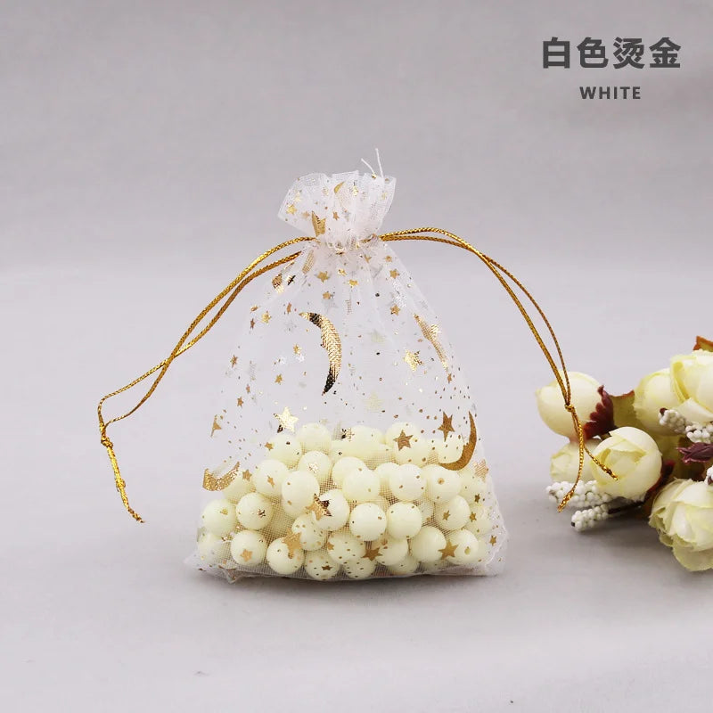 50PCS Moon Stars Drawstring Organza Bags Jewelry Gift Bags Pouches Gold Star Organza Favor Pouches for Christmas Wedding Ezkrea
