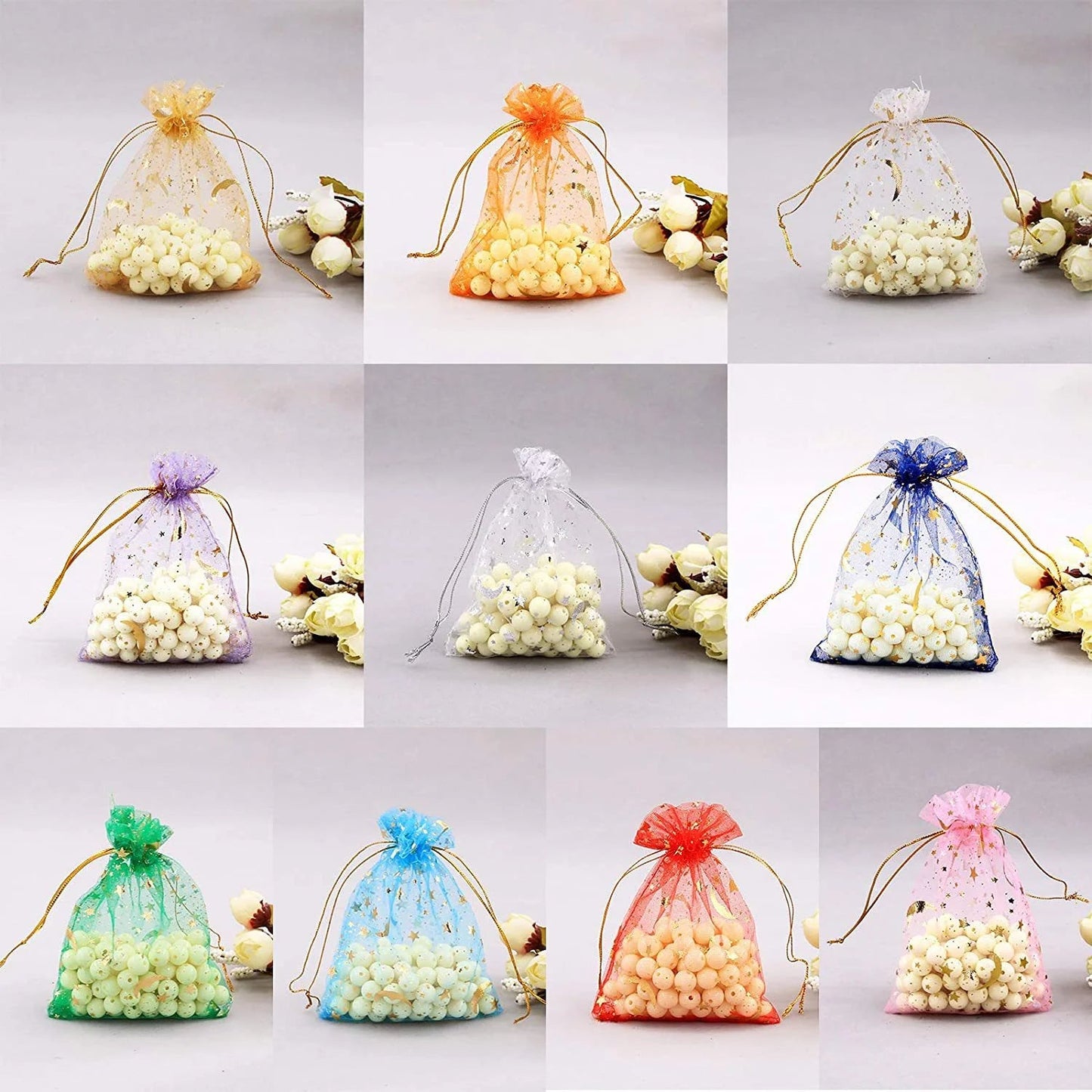 50PCS Moon Stars Drawstring Organza Bags Jewelry Gift Bags Pouches Gold Star Organza Favor Pouches for Christmas Wedding Ezkrea