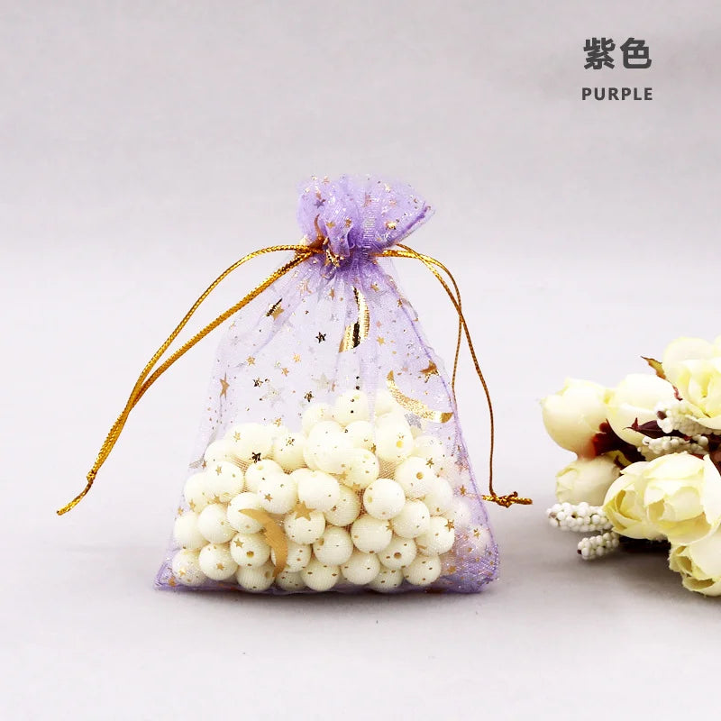 50PCS Moon Stars Drawstring Organza Bags Jewelry Gift Bags Pouches Gold Star Organza Favor Pouches for Christmas Wedding Ezkrea