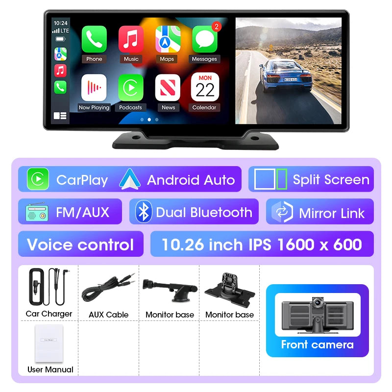 10/11.26 inch Dash Cam 4K Car DVR Wireless Carplay & Android Auto GPS Navigation Video Recorder Dashboard Dual Lens Wifi FM AUX Ezkrea