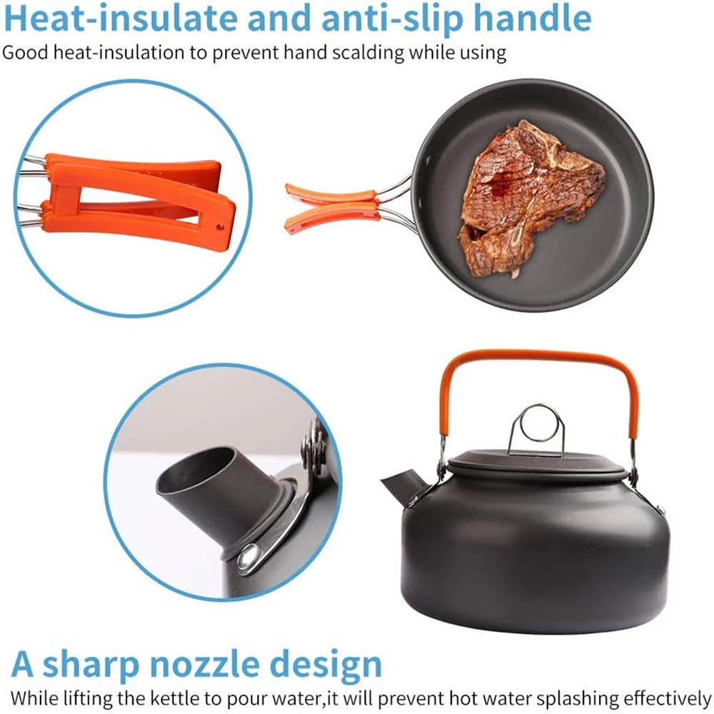 Camping Cookware Set with Teapot – Non-Stick Outdoor Cooking & Tableware Kit for 2–3 People | Travel Picnic & Hiking Kitchen Gear Ezkrea