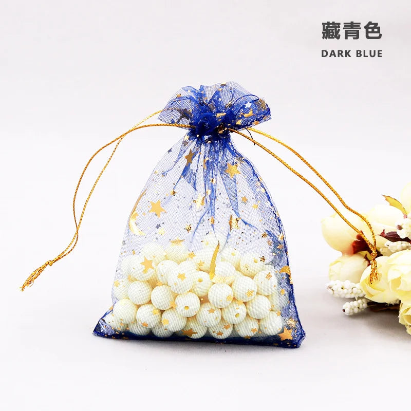 50PCS Moon Stars Drawstring Organza Bags Jewelry Gift Bags Pouches Gold Star Organza Favor Pouches for Christmas Wedding Ezkrea