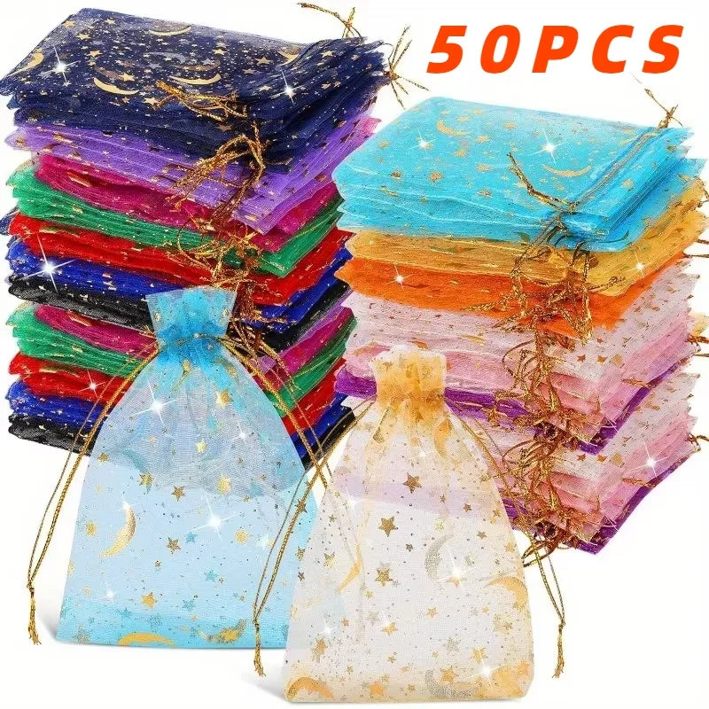50PCS Moon Stars Drawstring Organza Bags Jewelry Gift Bags Pouches Gold Star Organza Favor Pouches for Christmas Wedding Ezkrea