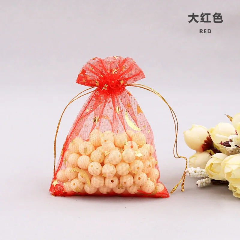 50PCS Moon Stars Drawstring Organza Bags Jewelry Gift Bags Pouches Gold Star Organza Favor Pouches for Christmas Wedding Ezkrea