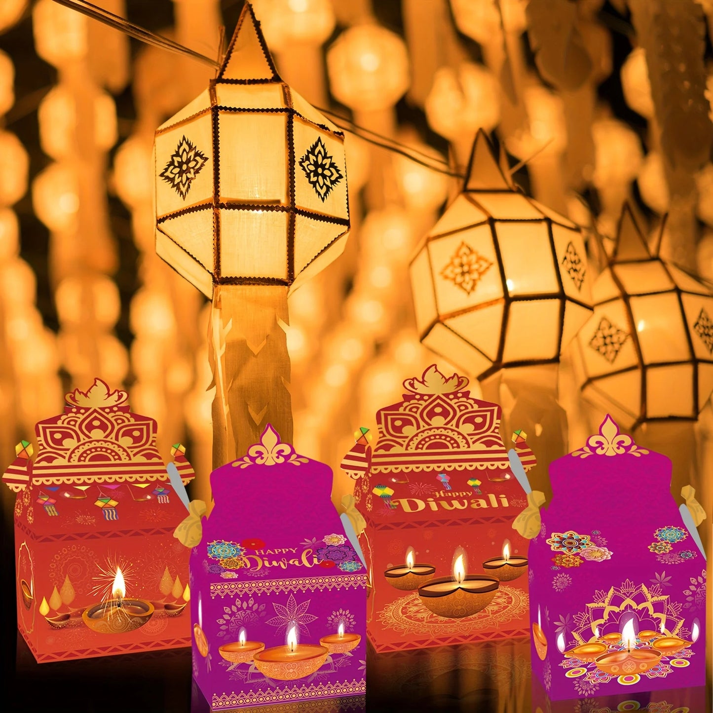 12pcs Happy Diwali Party Favors - Pre-Made Indian Festival Boxes with Diya Designs, Deep Red, Orange, Purple, Blue, Golden Ezkrea