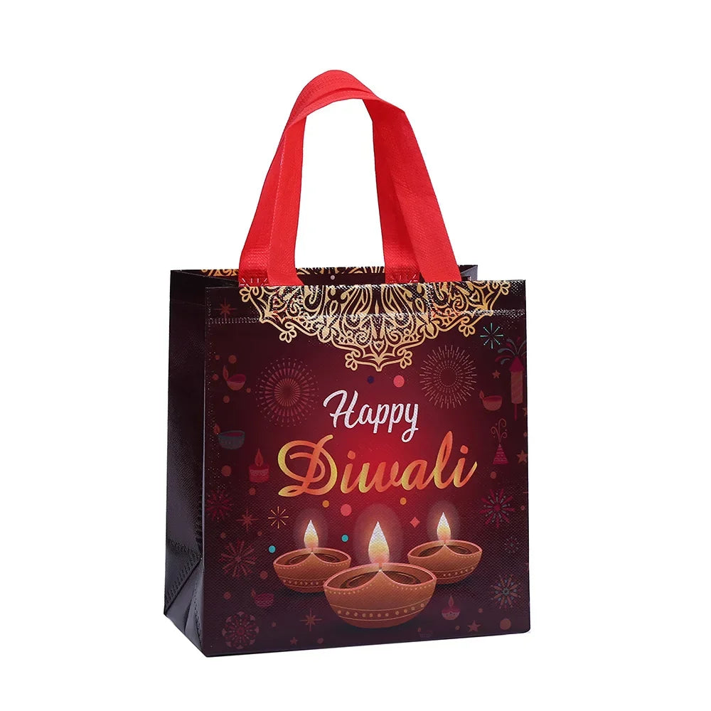 8Pcs Happy Diwali Theme Gift Packing Bag Non-Woven Shopping Tote Bag for India Diwali Festival Party Favors Bag Decoration Ezkrea