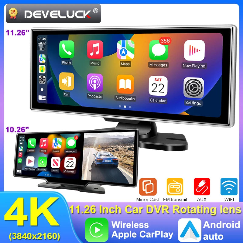 10/11.26 inch Dash Cam 4K Car DVR Wireless Carplay & Android Auto GPS Navigation Video Recorder Dashboard Dual Lens Wifi FM AUX Ezkrea