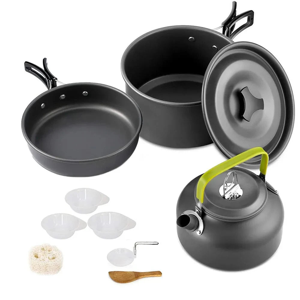 Camping Cookware Set with Teapot – Non-Stick Outdoor Cooking & Tableware Kit for 2–3 People | Travel Picnic & Hiking Kitchen Gear Ezkrea