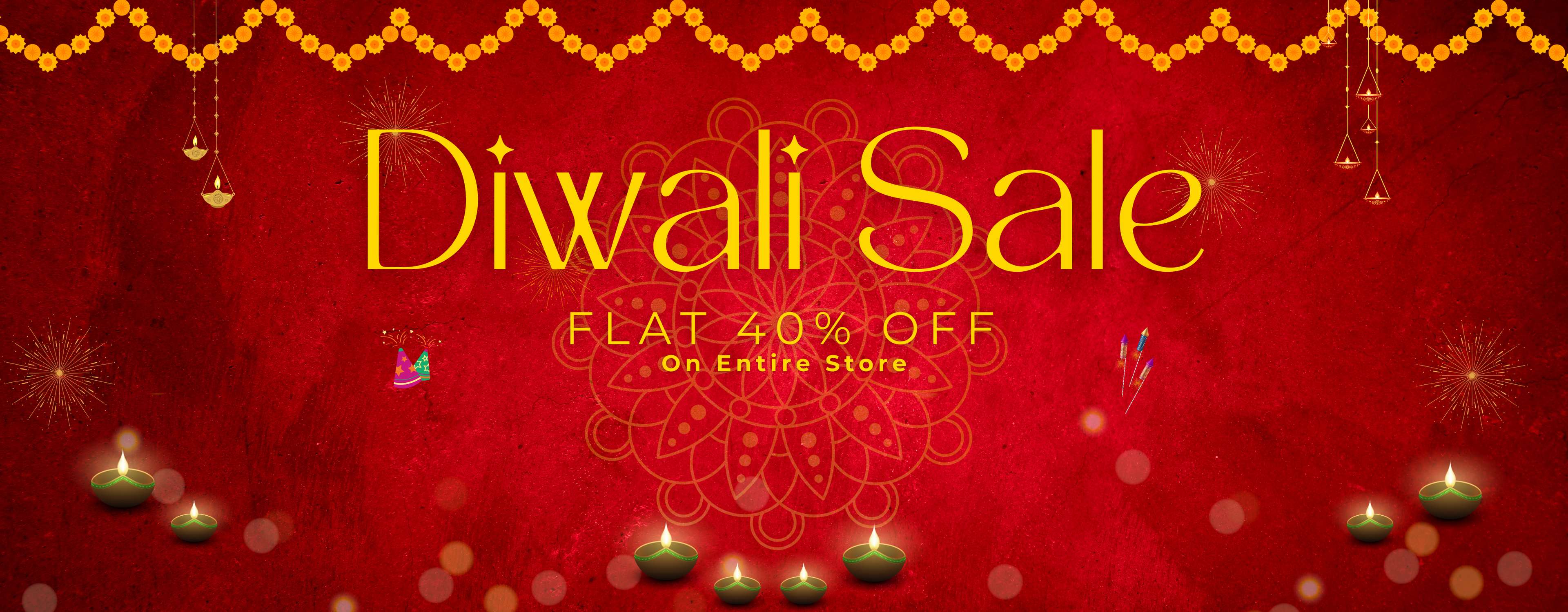 Diwali sale banner with decorative elements on a red background