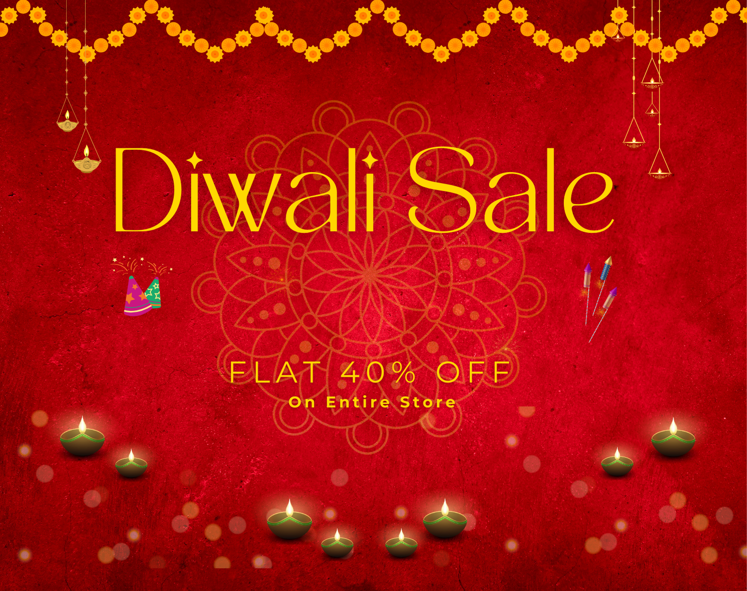 Diwali sale advertisement with decorative elements on a red background