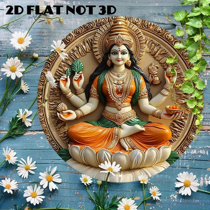 2D Flat Round Aluminum Wall Art Decor - Laxmi Goddess on For Lotus, Vibrant Hindu Deity Design, Religious, Indian Home Decor Ezkrea