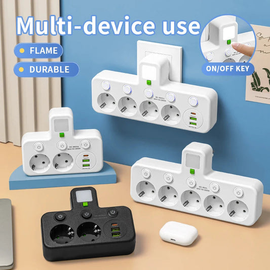 Power Strip EU Plug – 5 Sockets with USB & Type-C Ports, Optional Extension Cord Ezkrea