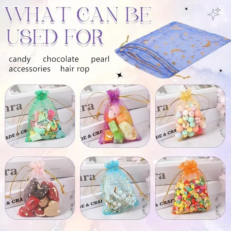 50PCS Moon Stars Drawstring Organza Bags Jewelry Gift Bags Pouches Gold Star Organza Favor Pouches for Christmas Wedding Ezkrea