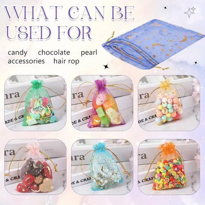 50PCS Moon Stars Drawstring Organza Bags Jewelry Gift Bags Pouches Gold Star Organza Favor Pouches for Christmas Wedding Ezkrea