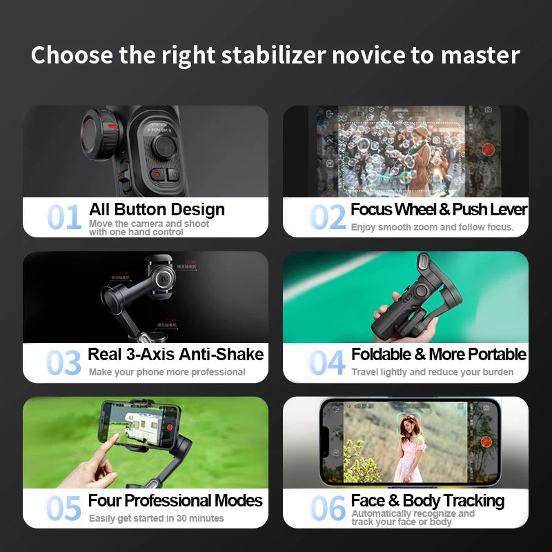 Smart XE 3-Axis Gimbal Stabilizer w/ Fill Light – Face Tracking, Vlogging & TikTok Ready for iPhone & Android Smartphones Ezkrea