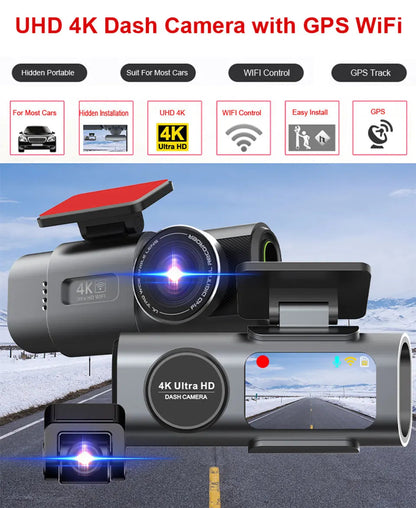 Dash Cam 4K UHD Recording Car Camera DVR Night Vision Video Recorder Built-In Wi-Fi Support GPS 24H Parking Ezkrea