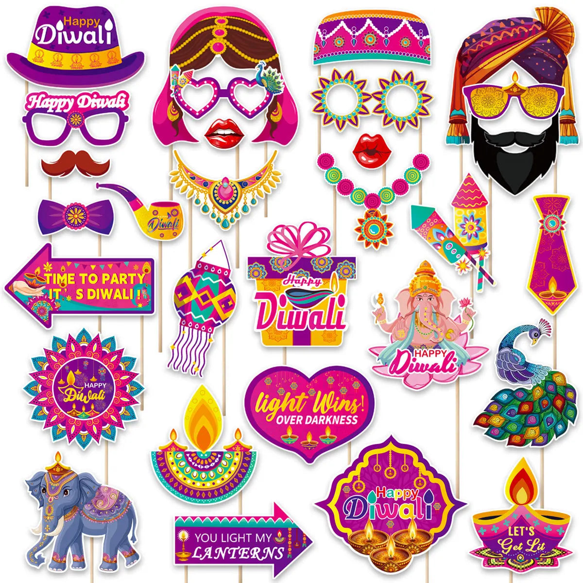 30Pcs/Set Happy Diwali Theme Photo Booth Props Candle Elephant Dress Up Paper Masks for India Diwali Festival Party Decoration Ezkrea