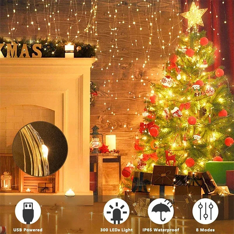 3M LED Curtain String Lights Fairy Decoration USB Holiday Garland Lamp 8 Mode For Home Garden Christmas Party New Year Wedding Ezkrea