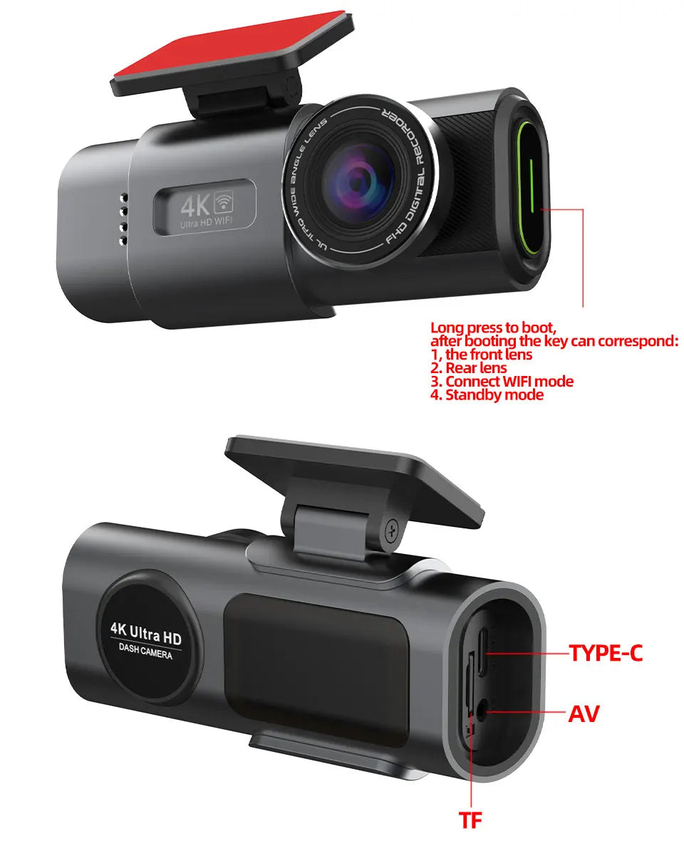 Dash Cam 4K UHD Recording Car Camera DVR Night Vision Video Recorder Built-In Wi-Fi Support GPS 24H Parking Ezkrea