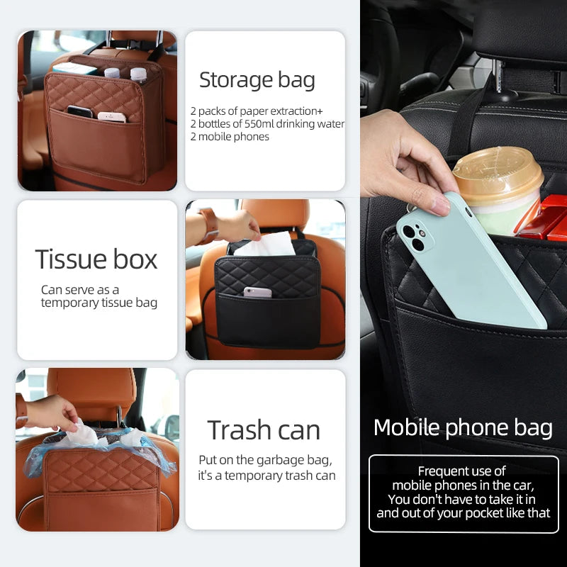 Multifunctional Car Seat Storage Bag – Leather Organizer & Trash Holder | Universal Fit Ezkrea